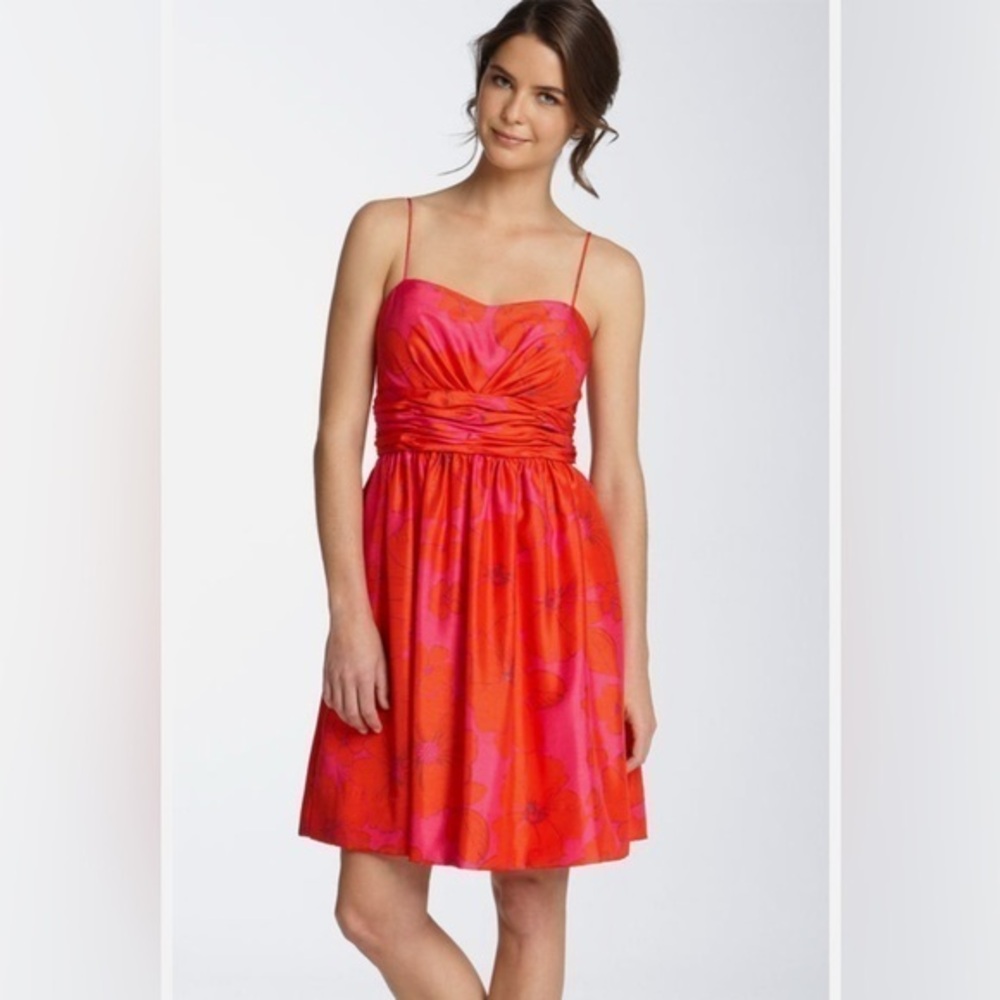 Eliza J Women’s 8 Pink Orange Taffeta Floral Cocktail Empire Waist Party Dress M